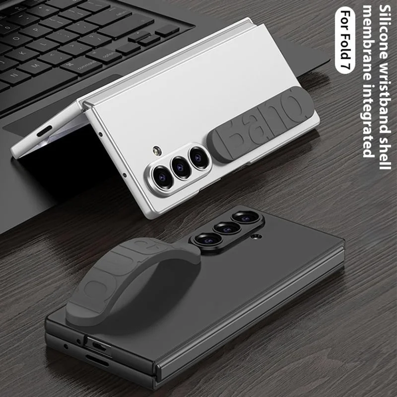 GKK Para Funda de Samsung Galaxy Z Fold7 5G con Correa de Silicona PC + Cristal Templado Carcasa Trasera del Teléfono - Negro