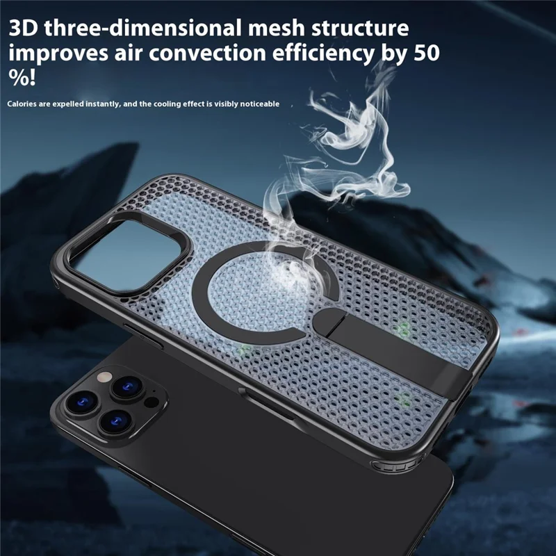 Bulk Purchasing For iPhone 13 Pro Max Magnetic Case Kickstand TPU + PC Heat Dissipation Phone Cover - Black