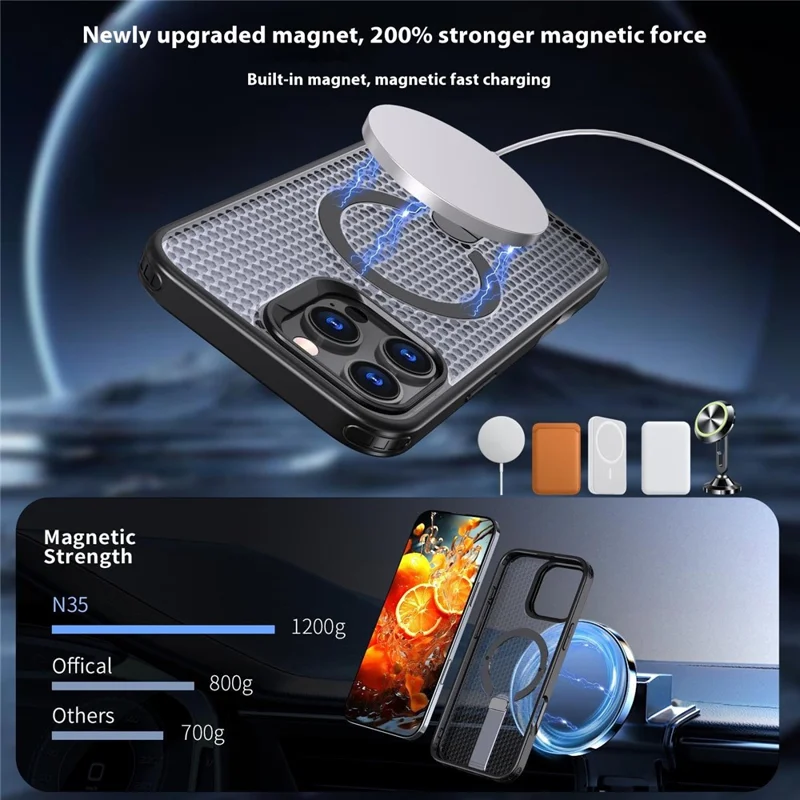 Bulk Purchasing For iPhone 13 Pro Max Magnetic Case Kickstand TPU + PC Heat Dissipation Phone Cover - Black