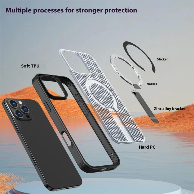 Bulk Purchasing For iPhone 14 Pro Max Magnetic Case Kickstand TPU + PC Heat Dissipation Phone Cover - Titanium Grey