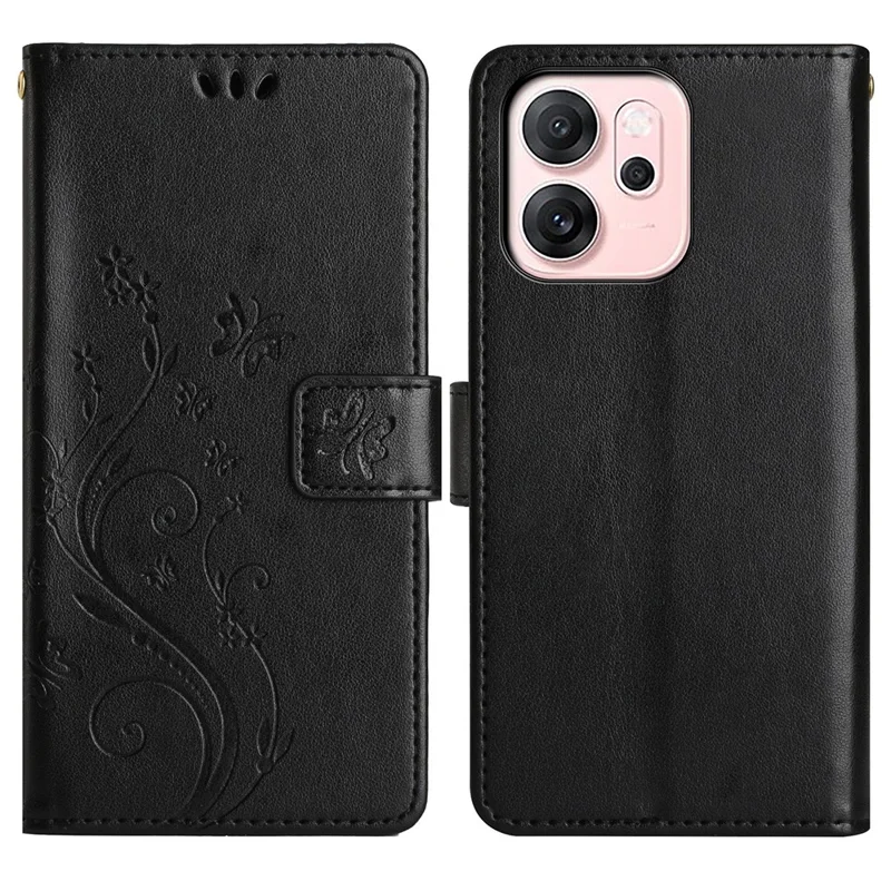 Для Oppo Reno14 5G (Глобальный) Кожаный Бумажник Чехол Бабочка Цветок Тиснение Чехол для Телефона со Ремешком - Черный