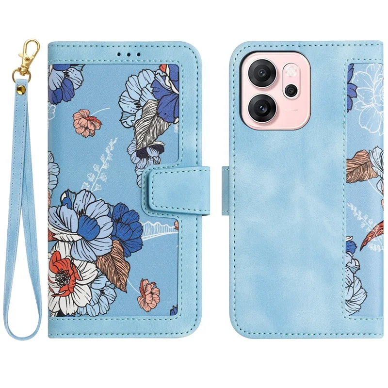 For Oppo Reno14 5G (Global) Case PU Leather Floral Phone Cover with Card Slots  /  Wrist Strap - Baby Blue