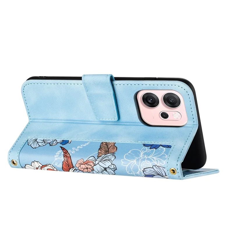 For Oppo Reno14 5G (Global) Case PU Leather Floral Phone Cover with Card Slots  /  Wrist Strap - Baby Blue
