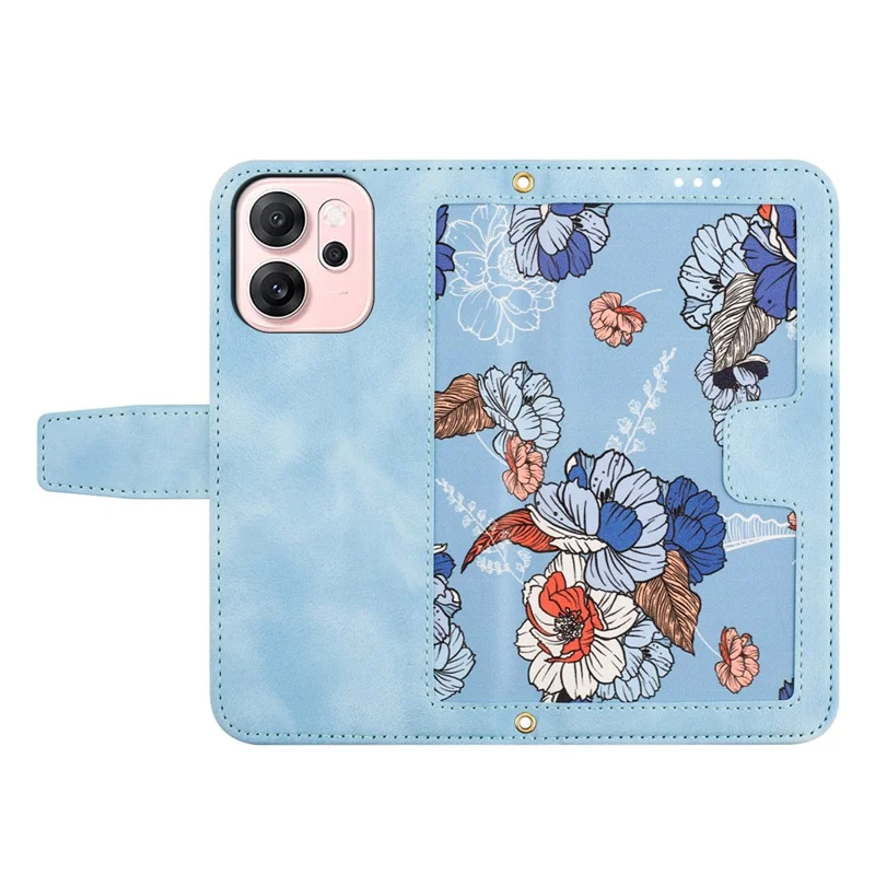Für Oppo Reno14 F 5G Hülle Kunstleder Blumen Handyhülle mit Kartenfächern / Handschlaufe - Babyblau