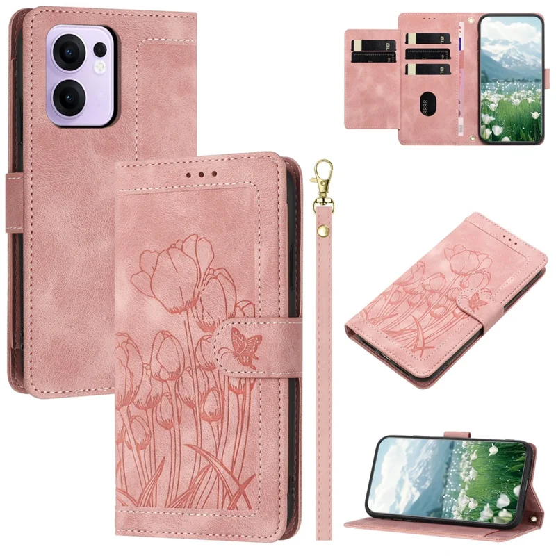 For Oppo Reno13 F 5G  /  4G Case Tulip Leather Phone Cover with 5 Card Slots Wallet - Pink