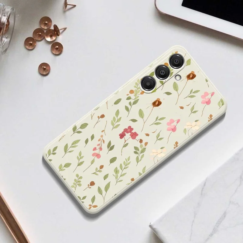 For Samsung Galaxy A16 5G  /  4G Case Small Flower Leaves Pattern Printing Straight Edge TPU Phone Back Cover - Beige