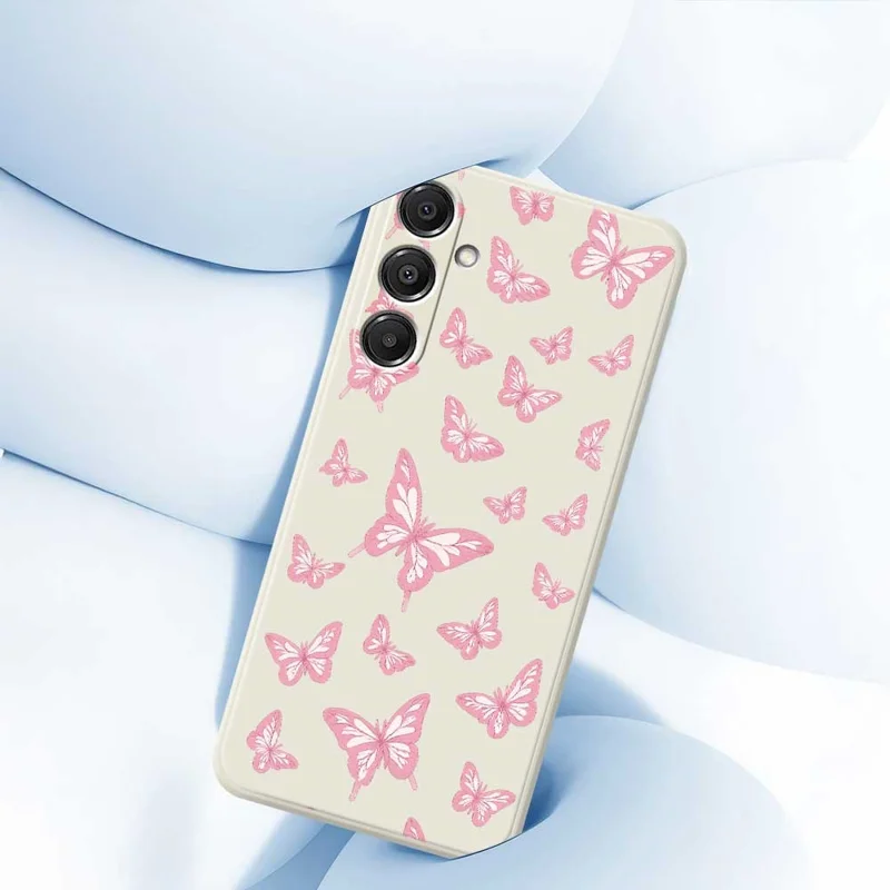 Capa para Samsung Galaxy A16 5G / 4G Padrão de Borboletas Rosas com Impressão de Borda Reta - Capa Traseira de TPU em Bege