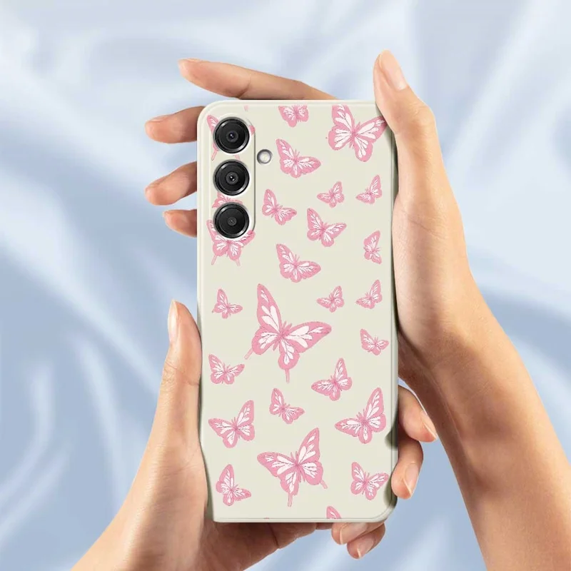 Capa para Samsung Galaxy A16 5G / 4G Padrão de Borboletas Rosas com Impressão de Borda Reta - Capa Traseira de TPU em Bege
