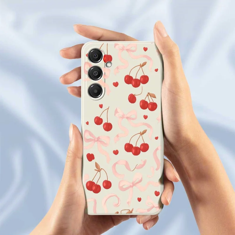 Für Samsung Galaxy A16 5G / 4G Hülle Große Schleife Kirschmuster Druck Gerade Kante TPU Handyrückseite Schutzhülle - Beige