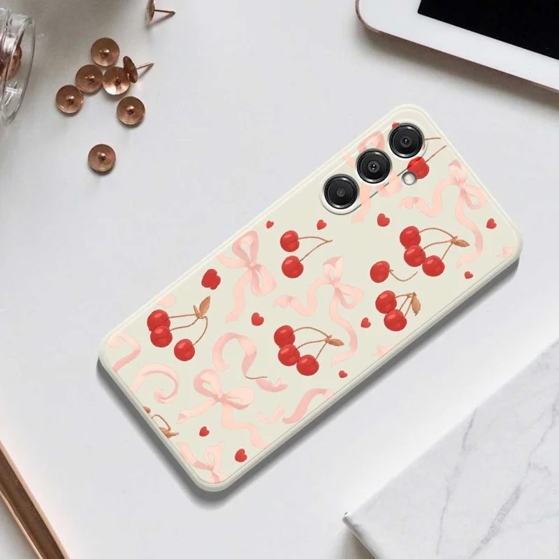 Für Samsung Galaxy A16 5G / 4G Hülle Große Schleife Kirschmuster Druck Gerade Kante TPU Handyrückseite Schutzhülle - Beige