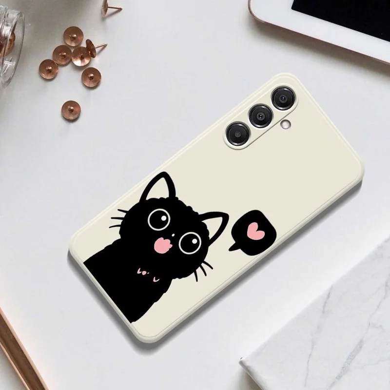 Funda para Samsung Galaxy A16 5G / 4G Gato Negro Enamorado - Patrón Impreso, Borde Recto, Carcasa Trasera de TPU - Beige