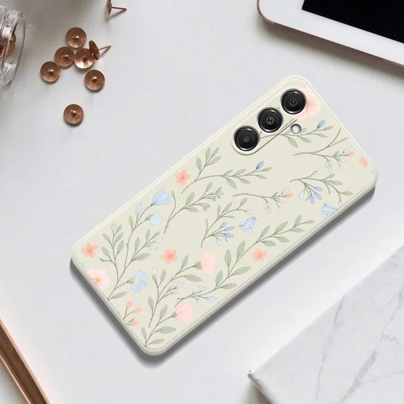 For Samsung Galaxy A16 5G  /  4G Case Pink Blue Flowers Pattern Printing Straight Edge TPU Phone Back Cover - Beige