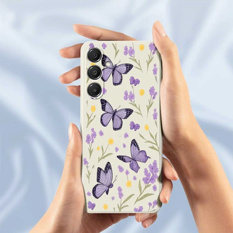 For Samsung Galaxy A16 5G  /  4G Case Purple Butterflies Pattern Printing Straight Edge TPU Phone Back Cover - Beige