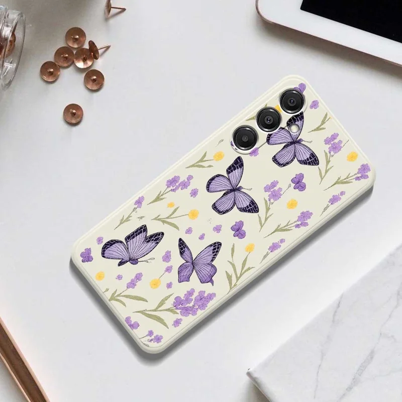 For Samsung Galaxy A16 5G  /  4G Case Purple Butterflies Pattern Printing Straight Edge TPU Phone Back Cover - Beige