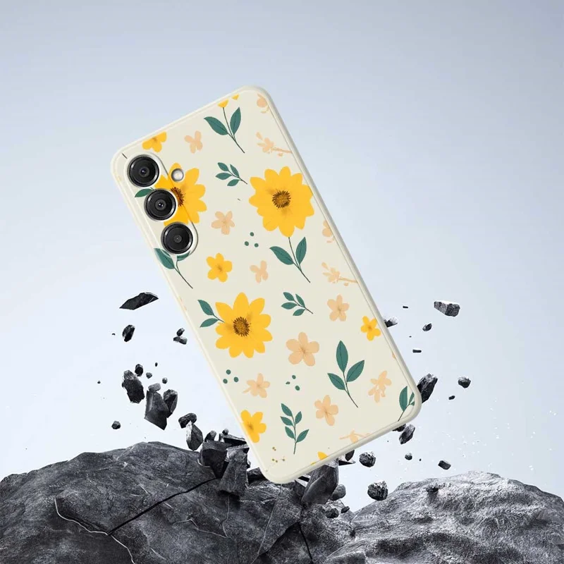 For Samsung Galaxy A16 5G  /  4G Case Yellow Floral and Leaves Pattern Printing Straight Edge TPU Phone Back Cover - Beige
