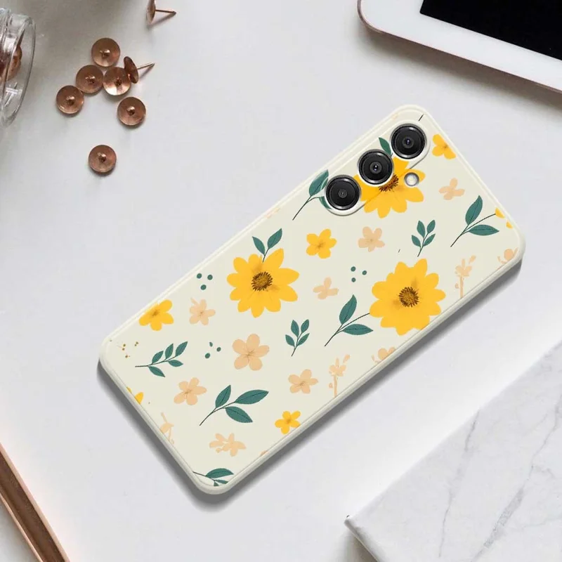 For Samsung Galaxy A16 5G  /  4G Case Yellow Floral and Leaves Pattern Printing Straight Edge TPU Phone Back Cover - Beige