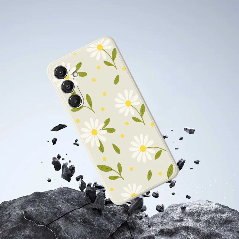 Étui pour Samsung Galaxy A16 5G / 4G Motif de Fleurs Blanches et Feuilles Vertes Impression sur Bord Droit TPU Coque Arrière de Téléphone - Beige