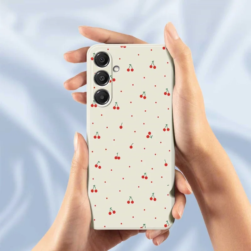 For Samsung Galaxy A16 5G  /  4G Case Red Cherry Pattern Printing Straight Edge TPU Phone Back Cover - Black