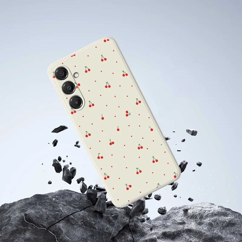 For Samsung Galaxy A16 5G  /  4G Case Red Cherry Pattern Printing Straight Edge TPU Phone Back Cover - Black