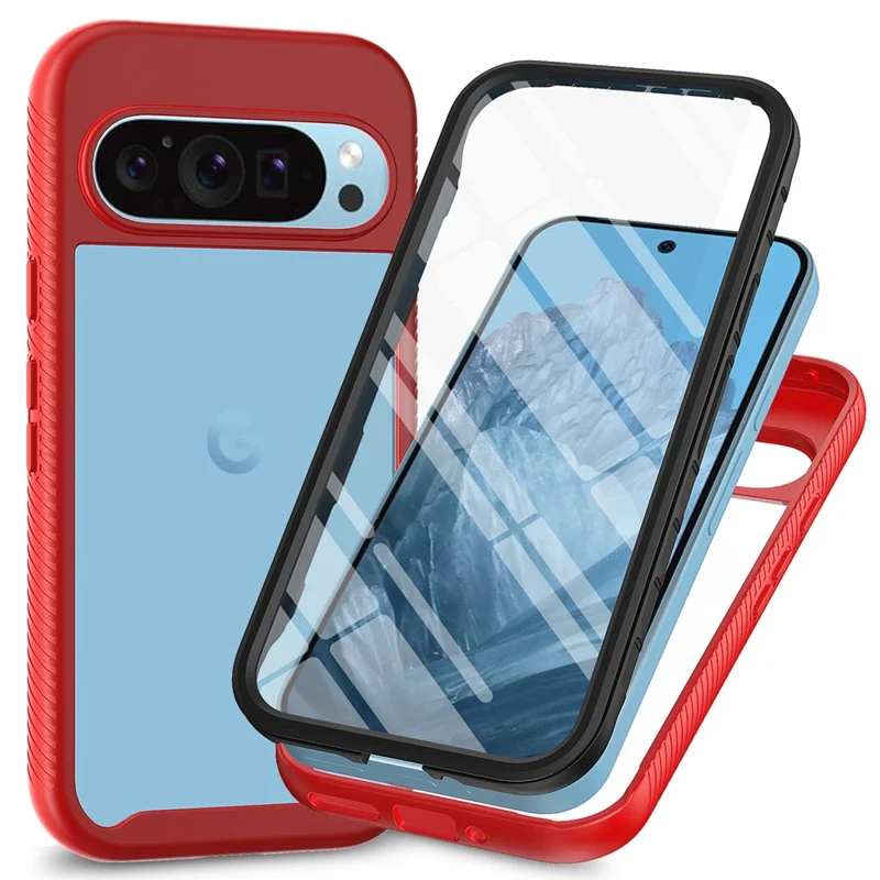 Clear Case for Google Pixel 10 Pro / 10 / 9 Pro / 9 PC + TPU Phone Back Cover with PET Screen Film - Red
