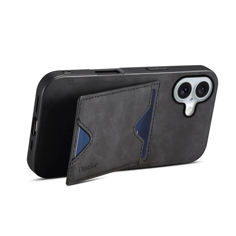 DENIOR Hülle für iPhone 17 Kartenfach Ständer Leder + PC + TPU Handyhülle - Schwarz