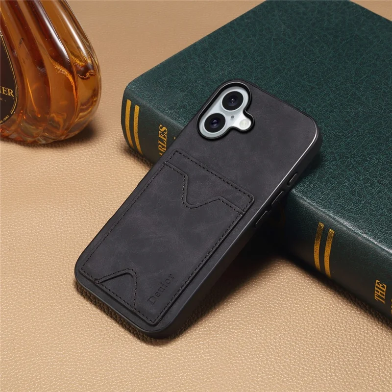 DENIOR Hülle für iPhone 17 Kartenfach Ständer Leder + PC + TPU Handyhülle - Schwarz