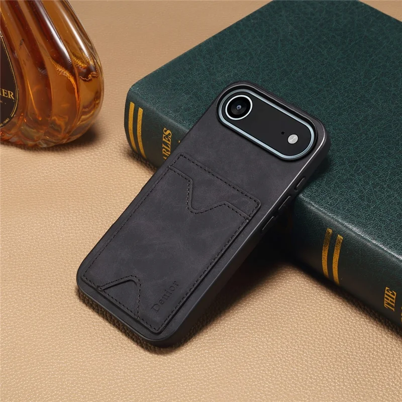DENIOR Per iPhone 17 Custodia Air con Porta Carte e Supporto in Pelle + PC + TPU - Nero