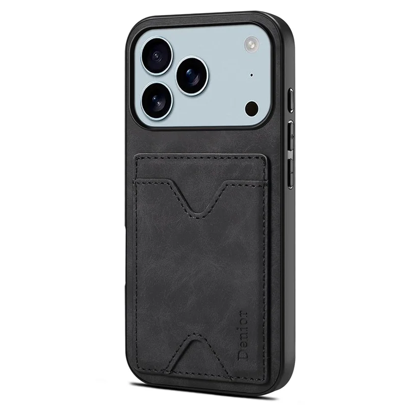 DENIOR для iPhone 17 Pro Чехол с держателем карты и подставкой, кожа + ПК + ТПУ - Черный