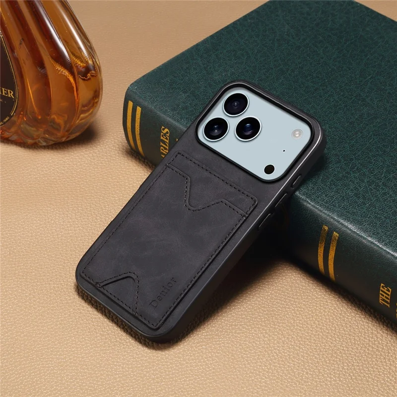 DENIOR для iPhone 17 Pro Чехол с держателем карты и подставкой, кожа + ПК + ТПУ - Черный