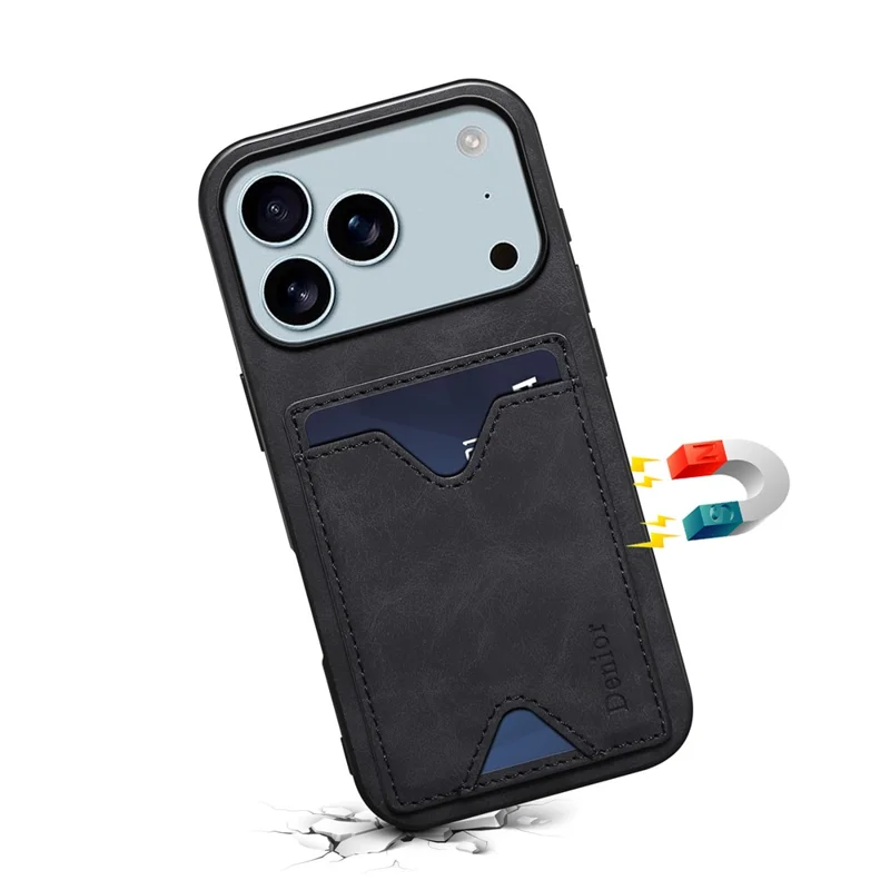 DENIOR per iPhone 17 Pro Max Cover con Porta Carte e Supporto - Custodia in Pelle + PC + TPU - Nero