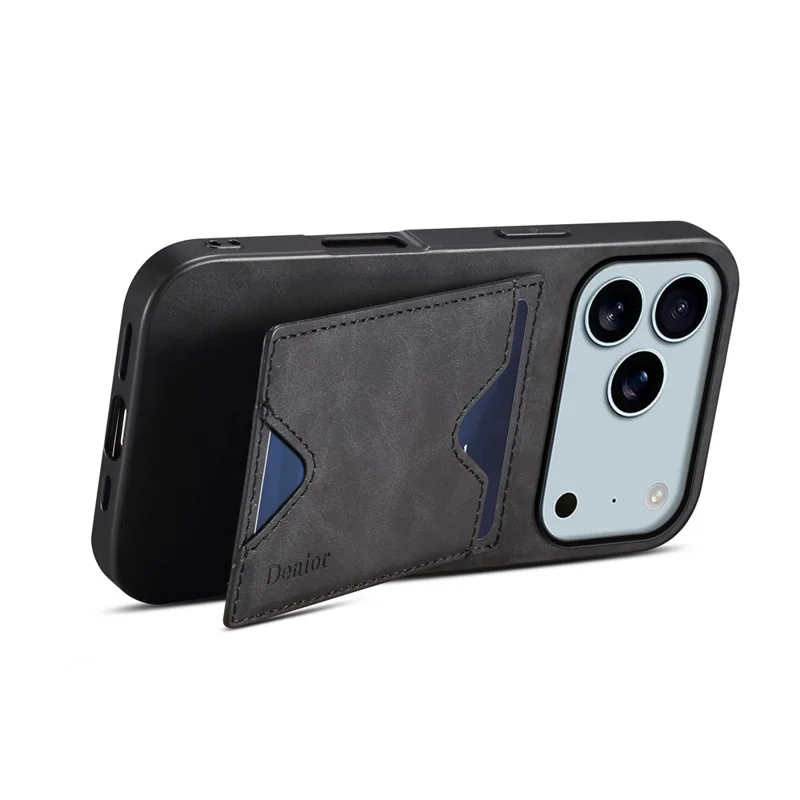 DENIOR per iPhone 17 Pro Max Cover con Porta Carte e Supporto - Custodia in Pelle + PC + TPU - Nero