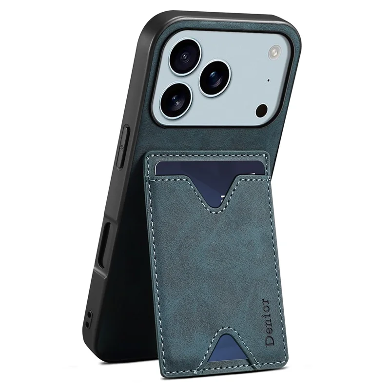 DENIOR For iPhone 17 Pro Max Case Card Holder Kickstand Leather + PC + TPU Phone Cover - Blue