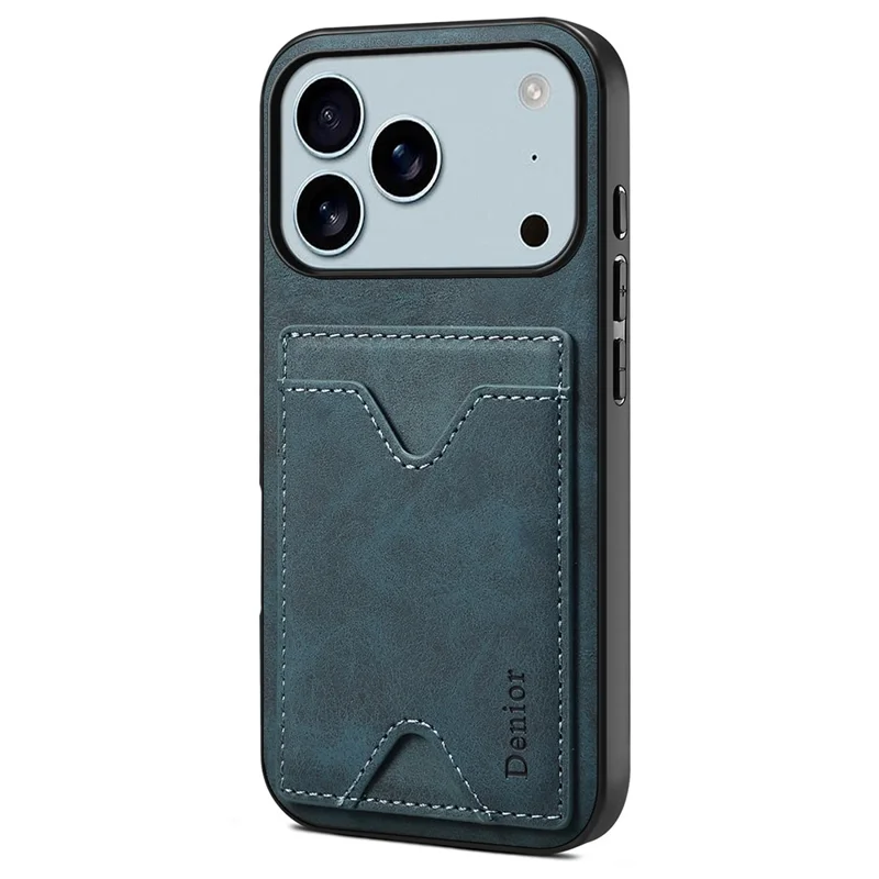 DENIOR For iPhone 17 Pro Max Case Card Holder Kickstand Leather + PC + TPU Phone Cover - Blue