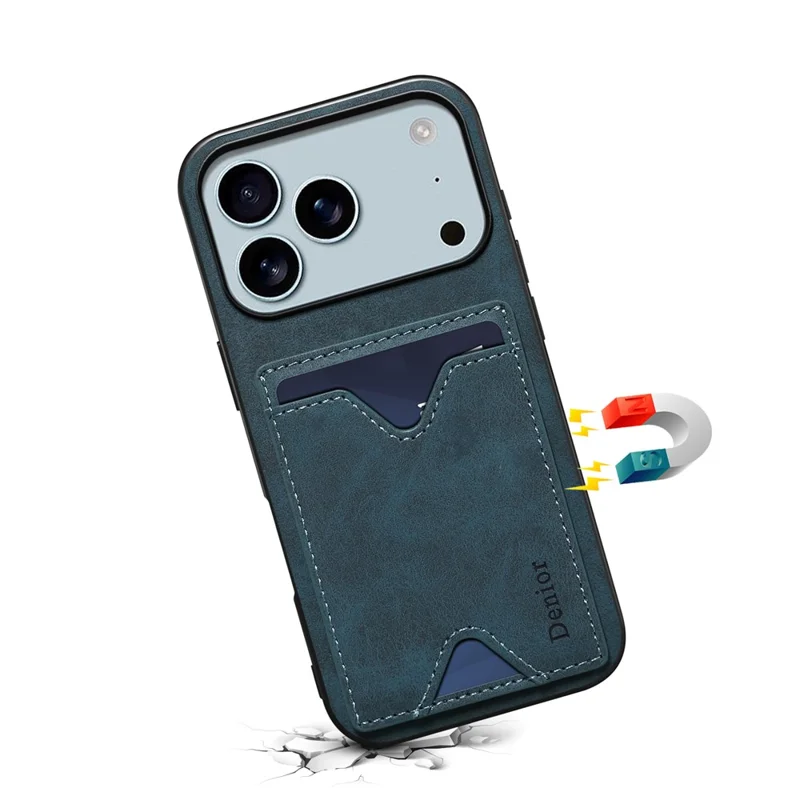 DENIOR For iPhone 17 Pro Max Case Card Holder Kickstand Leather + PC + TPU Phone Cover - Blue