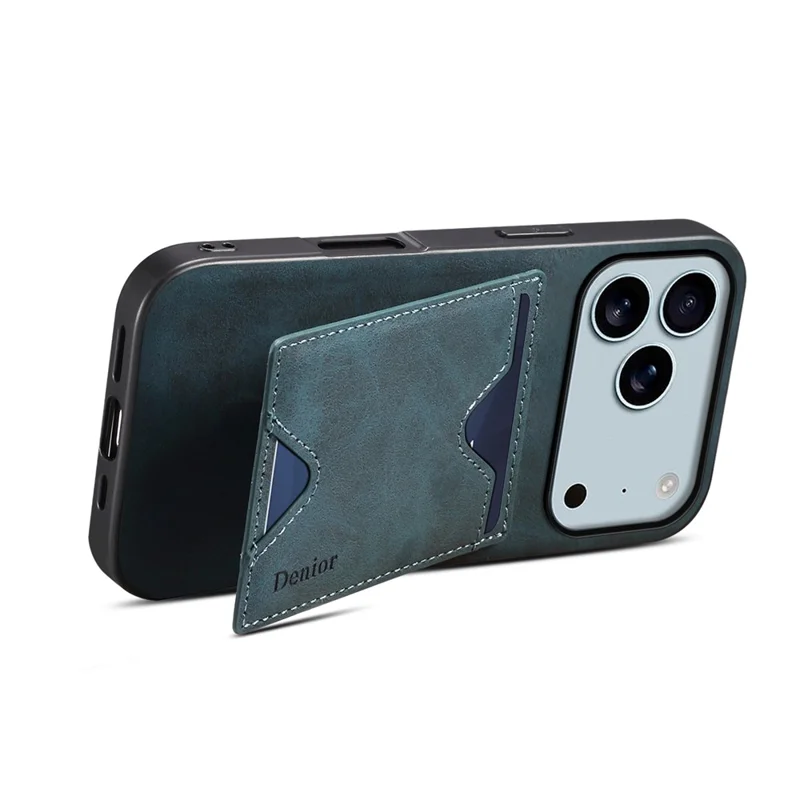 DENIOR For iPhone 17 Pro Max Case Card Holder Kickstand Leather + PC + TPU Phone Cover - Blue