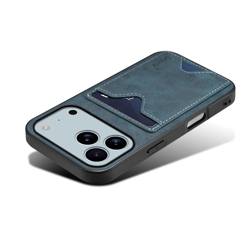 DENIOR For iPhone 17 Pro Max Case Card Holder Kickstand Leather + PC + TPU Phone Cover - Blue
