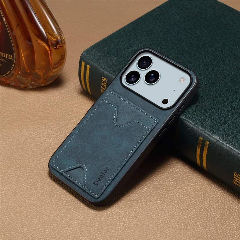 DENIOR For iPhone 17 Pro Max Case Card Holder Kickstand Leather + PC + TPU Phone Cover - Blue