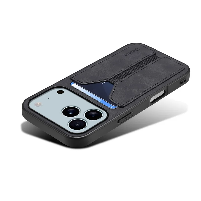 DENIOR For iPhone 17 Pro Max Case Elastic Card Holder PU Leather + TPU + PC Phone Cover - Black