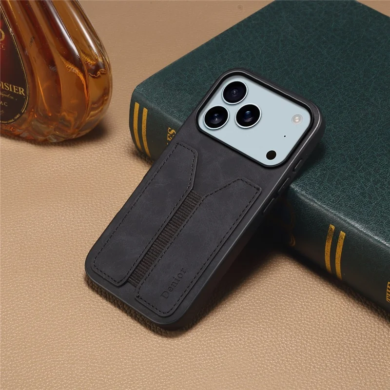 DENIOR For iPhone 17 Pro Max Case Elastic Card Holder PU Leather + TPU + PC Phone Cover - Black