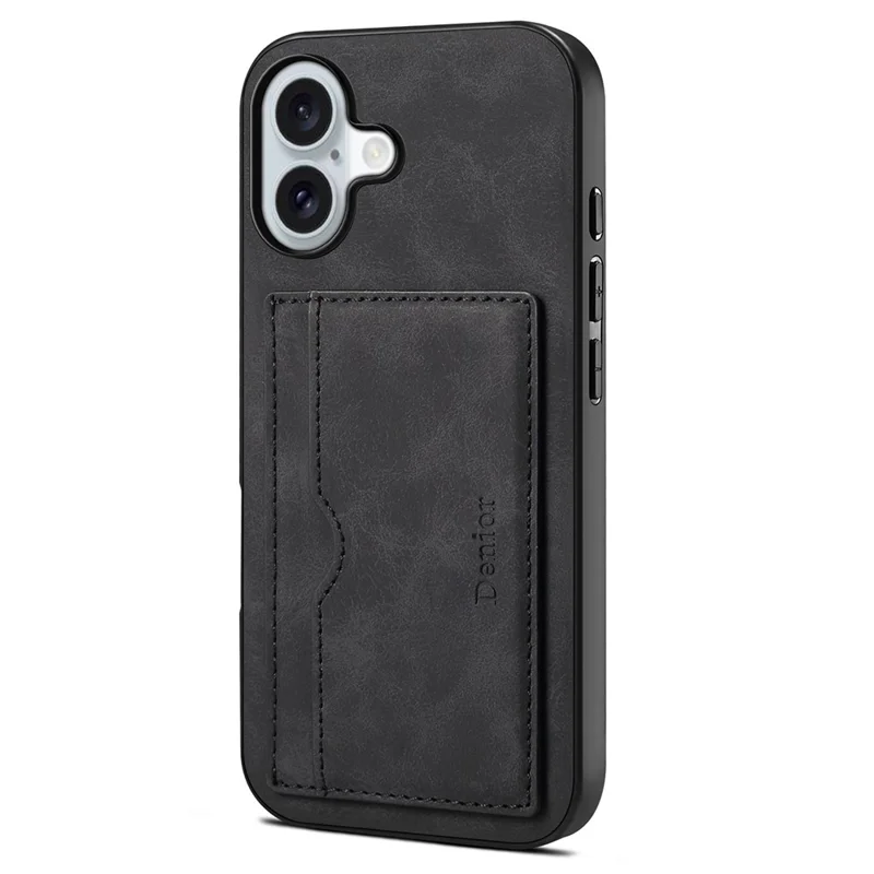 DENIOR For iPhone 17 Case Card Holder Kickstand Leather Phone Back Cover - Black