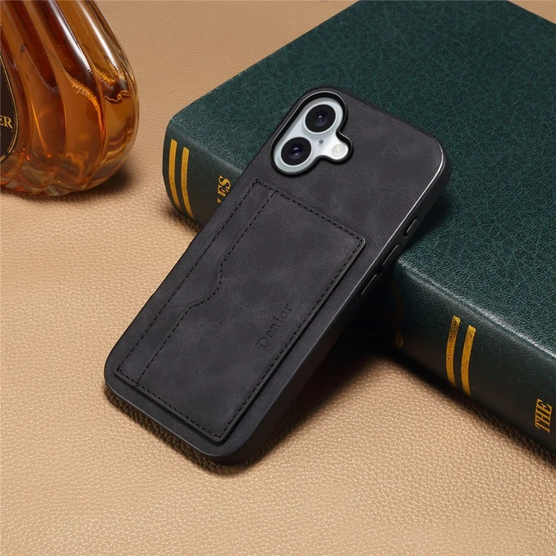 DENIOR For iPhone 17 Case Card Holder Kickstand Leather Phone Back Cover - Black
