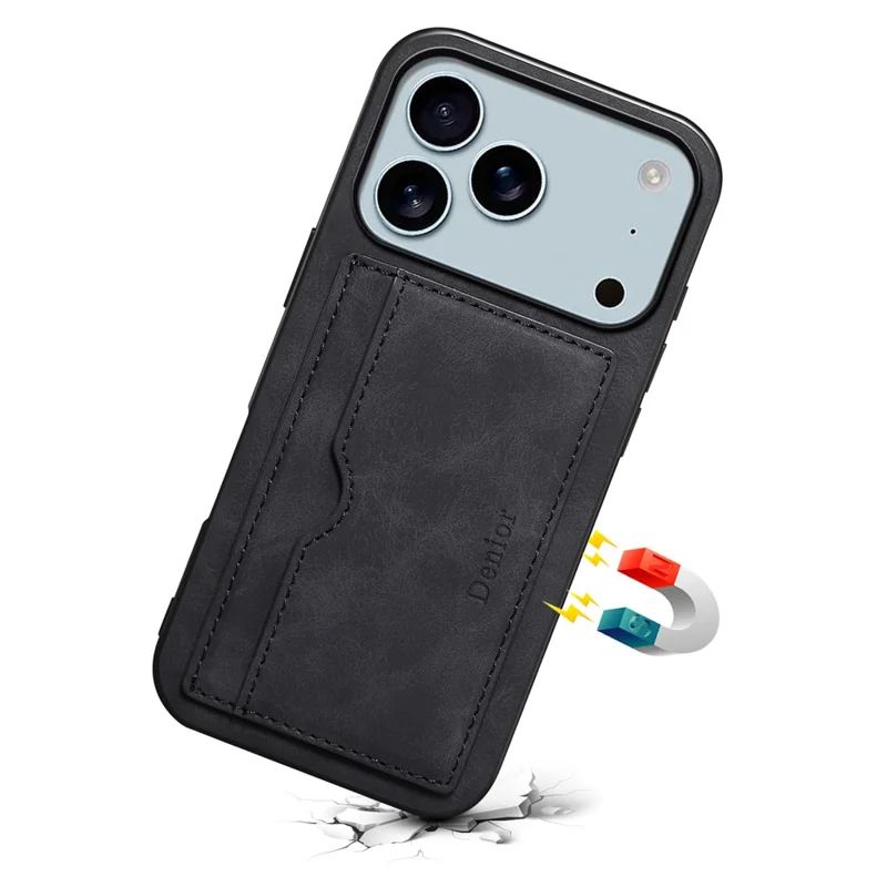 DENIOR For iPhone 18 Pro Max / 17 Pro Max Case Card Holder Kickstand Leather Phone Back Cover - Black