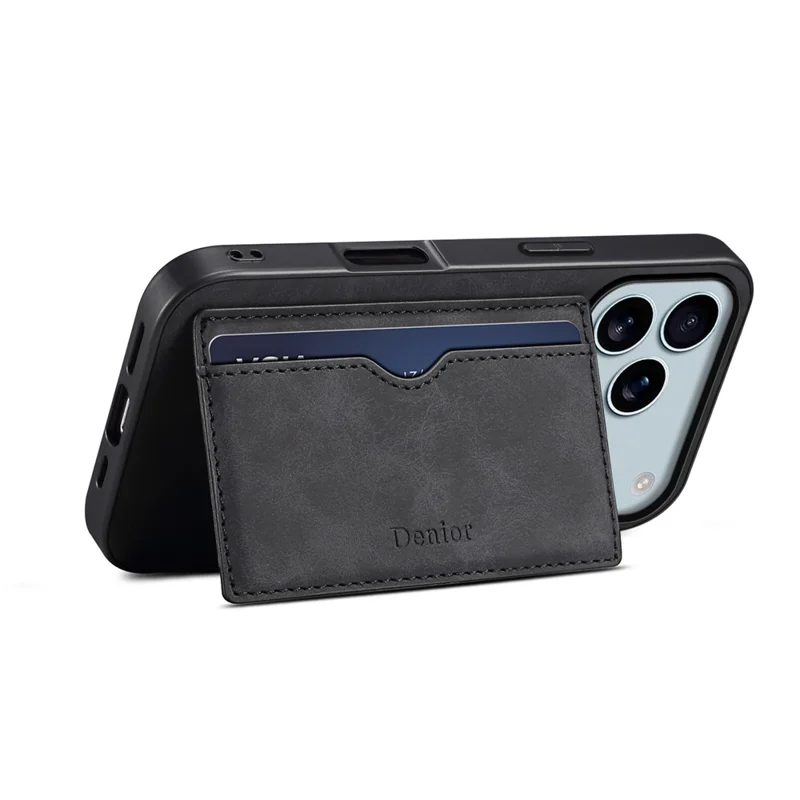 DENIOR For iPhone 18 Pro Max / 17 Pro Max Case Card Holder Kickstand Leather Phone Back Cover - Black