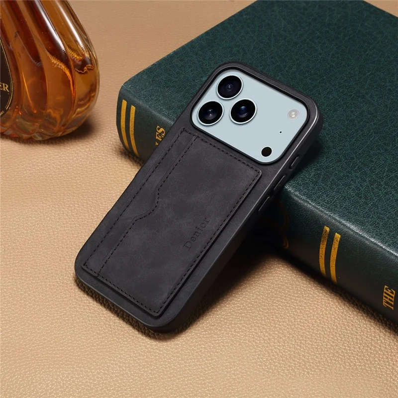 DENIOR For iPhone 18 Pro Max / 17 Pro Max Case Card Holder Kickstand Leather Phone Back Cover - Black