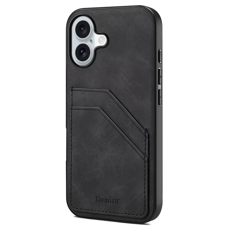 DENIOR For iPhone 17 Case Dual Card Slots PU Leather + TPU + PC Phone Cover - Black