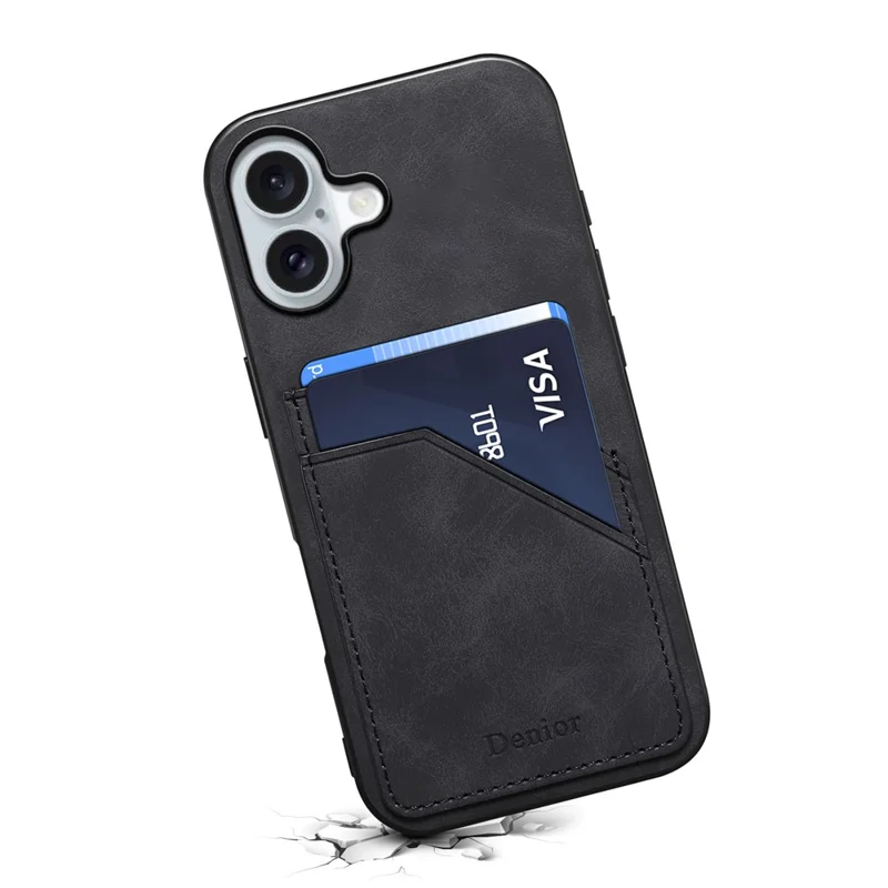 DENIOR For iPhone 17 Case Dual Card Slots PU Leather + TPU + PC Phone Cover - Black