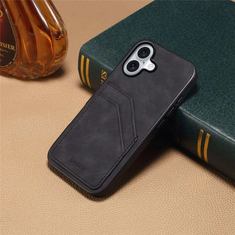 DENIOR For iPhone 17 Case Dual Card Slots PU Leather + TPU + PC Phone Cover - Black