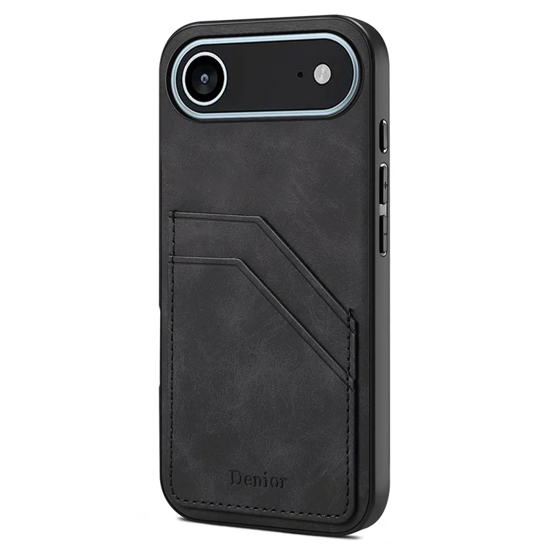 DENIOR Para iPhone 17 Funda de Aire con Doble Ranura para Tarjetas de Cuero PU + TPU + PC - Negro