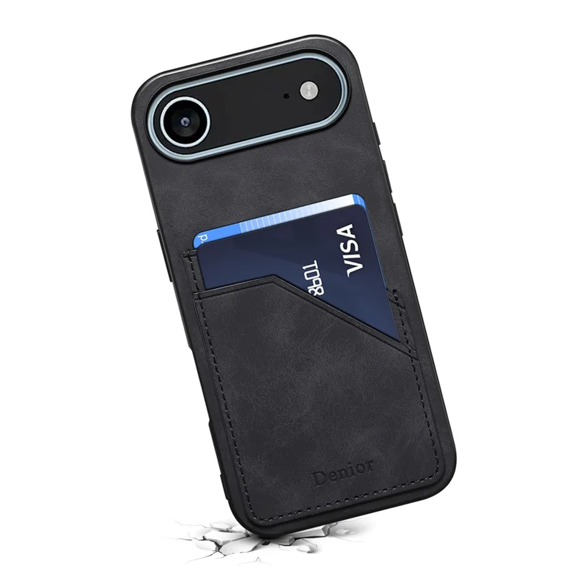 DENIOR Para iPhone 17 Funda de Aire con Doble Ranura para Tarjetas de Cuero PU + TPU + PC - Negro