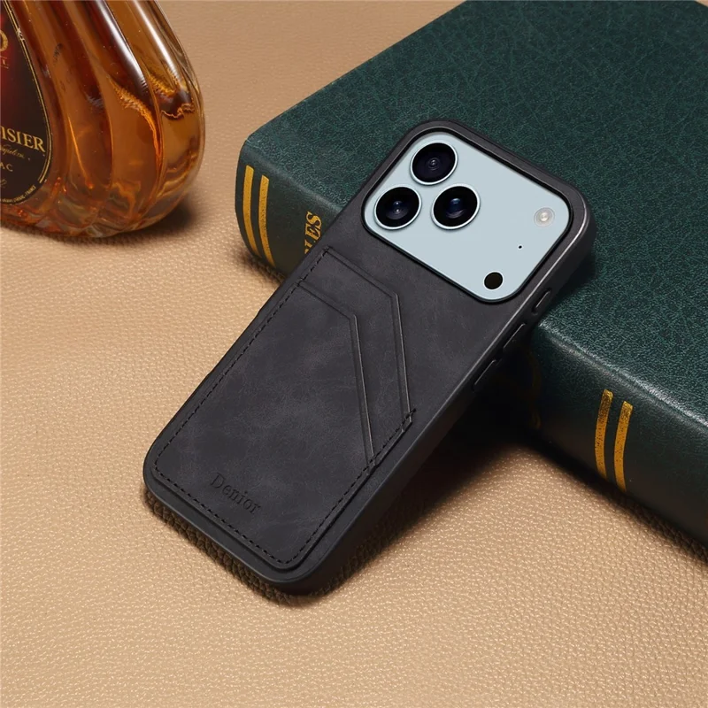 DENIOR Funda para iPhone 17 Pro Max con Doble Ranura para Tarjetas, Cuero PU + TPU + PC - Negro